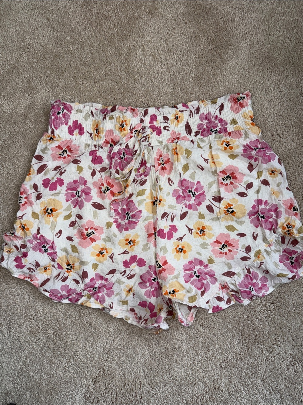 Floral Drawstring Women's Shorts - Pink & Yellow